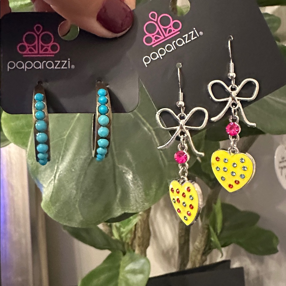 2 NEW Paparazzi Earrings Yellow Hearts & Silver Bows + Turquoise on Brass Hoops